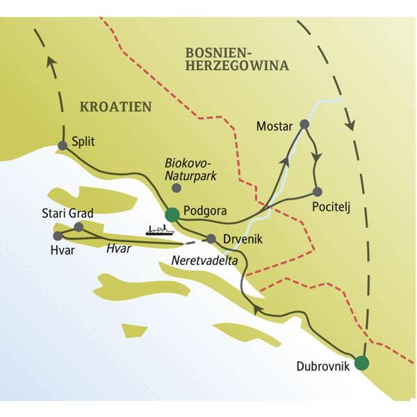 Unsere Singlereise startet in Dubrovnik und führt uns u. a. auf die Insel Hvar, nach Mostar, Split und in den Biokovo-Naturpark.
