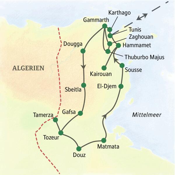 Auf unserer Studienreise nach Tunesien erleben wir die ganze Vielfalt des Landes: die Metropole Tunis, die Heilige Stadt Kairouan, kleine Wüstenorte, ehemalige römische Siedlungen und die Mitttelmeerküste.