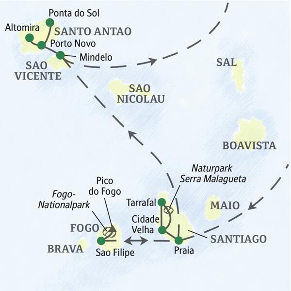 Bei unserer WanderStudienreise auf die Kapverdischen Inseln besuchen wir die Inseln Santiago, Fogo, Sao Vicente und Santo Antao.
