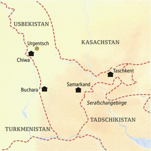 Die Karte zeigt die Höhepunkte und Übernachtungsorte der Reise Usbekistan - Tagträume im Morgenland: Taschkent, Samarkand, Buchara, Chiwa, Urgentsch.