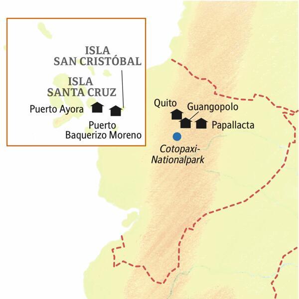 Unsere smart & small-Reise in kleiner Gruppe nach Ecuador und Galápagos beginnt in Quito, führt in den Cotopaxi-Nationalpark und nach Papallacta und schließlich im Luftsprung nach Galápagos mit Übernachtungen auf den Inseln San Cristóbal und Santa Cruz.