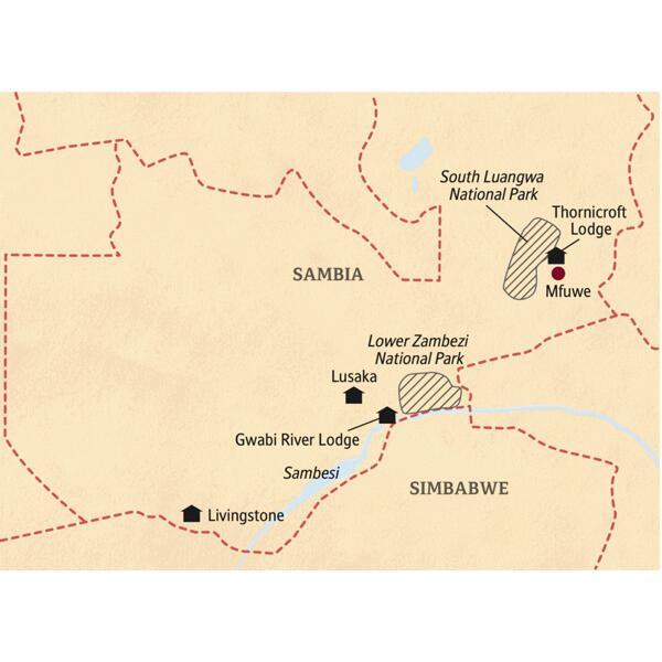 Karte der smart & small-Reise durch Sambia. Mit Studiosus-Reiseleiter zwei Wochen lang auf Safari in den schönsten Nationalparks des Landes. Und zum Schluss auf an die Viktoriafälle