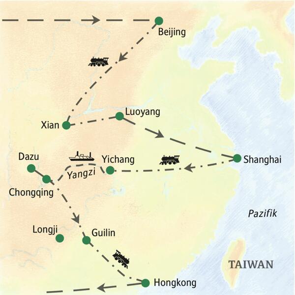 Bei der umfassenden China-Reise mit Yangzi von Studiosus kommen Sie unter anderem nach  Beijing, Xian, Luoyang, Shanghai, Yichang, Chongqing, Guilin, Shenzen und Hongkong.