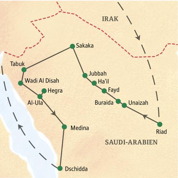 Bei unserer Studiosus-Reise nach Saudi-Arabien kommen wir unter anderem nach Riad, Unaizah, Buraida, Fayd, Ha'il, Jubbah, Sakaka, Tabuk, Wadi Al Disah, Al-Ula, Hegra, Medina und Dschidda