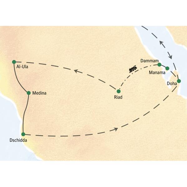 Bei unserer Studienreise nach Bahrein, Saudi-Arabien und Katar kommen Sie unter anderem nach Doha, Manama, Dammam, Riad, Al-Ula, Medina und Dschidda.