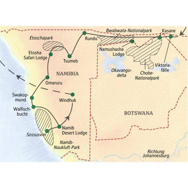 Die Studienreise durch Namibia führt von den Viktoriafällen über den Chobe-Nationalpark, Tsumeb, Swkopmund und das Sossusvlei, den Caprivistreifen bis nach Windhuk.