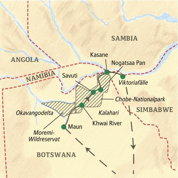 Unsere Studienreise beginnt in Maun, führt von Lodge zu Lodge auf Safari durch Botswana mit Chobe-Nationalpark. Grandioses Finale dieser Rundreise sind die Viktoriafälle.