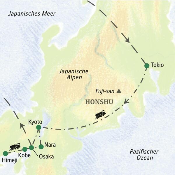 Unsere Reiseroute durch Japan startet in Tokio und führt dann nach Kobe, Nara und Kyoto. Mit Hochgeschwindigkeit rauschen wir außerdem im Shinkansen nach Himeji.
