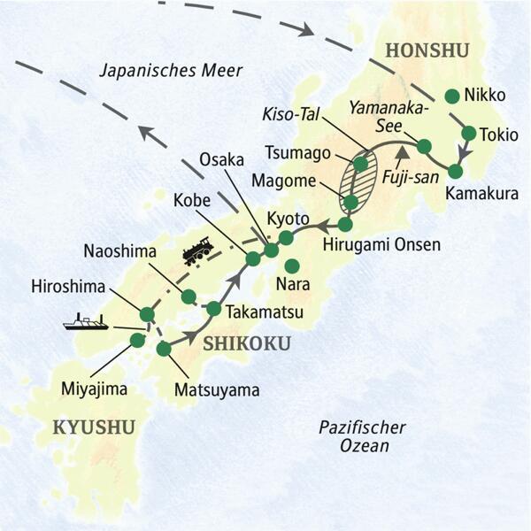 Diese attraktive Studienreise durch Japan führt nach Tokio, in die Japanischen Alpen, die Kaiserstadt Kyoto, nach Hiroshima, auf die Kunstinsel Naoshima und schließlich über Shikoku bis nach Kobe.