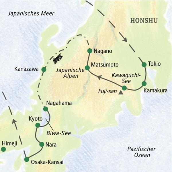 Die Reiseroute unserer 14-tägigen Studienreise mit Muße durch Japan startet in Tokio, führt über Kamakura, Nagano, Nagahama, Kyoto und endet in Osaka. Wir erleben die Japanischen Alpen und den Biwa-See.