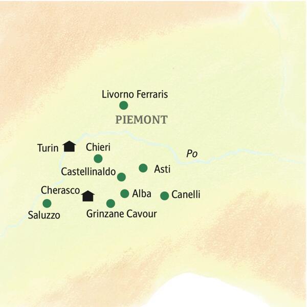 Unsere Reiseroute durch das Piemont führt u.a. über Turin, Canelli, Chieri, Asti, Alba und Saluzzo.