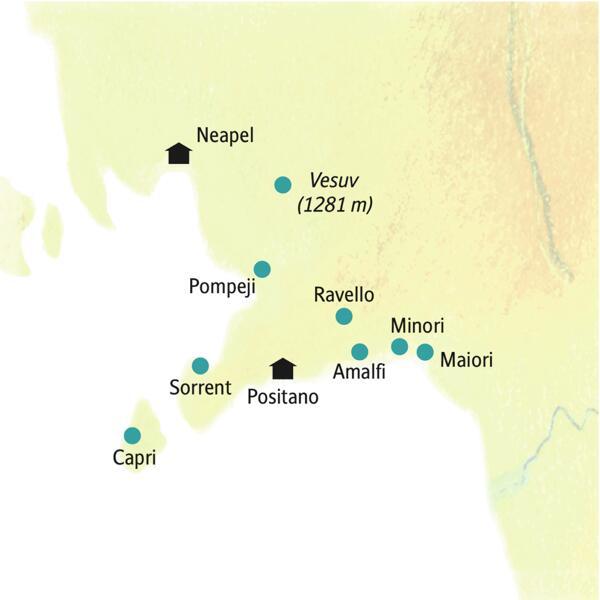 Auf unserer smart&small-Rundreise an den Golf von Neapel wohnen wir in Neapel und Positano. Von da aus starten wir z. B. nach Pompeji, Sorrent, Capri, Amalfi, Ravello und zum Vesuv.