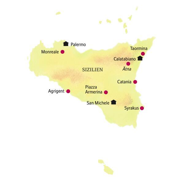 Die Stationen unserer Rundreise in kleiner Gruppe nach Sizilien sind Palermo, San Michele und Taormina.