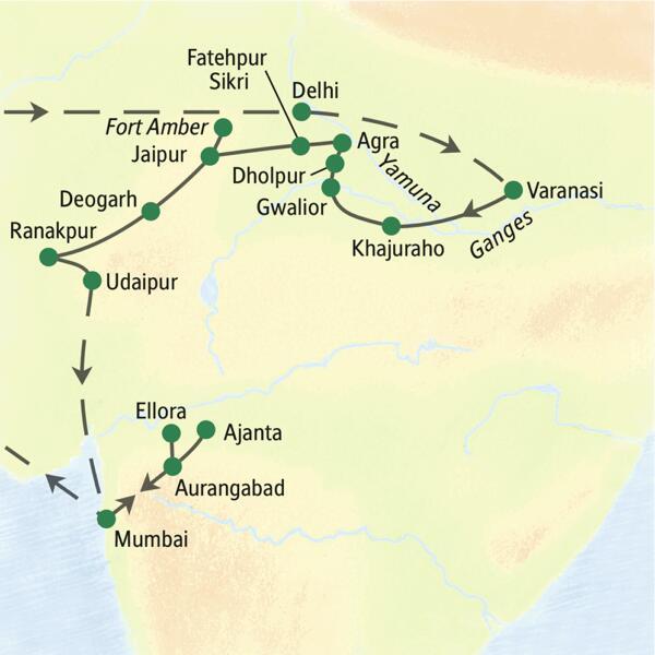 Die Karte zeigt die Route unserer 18-tägigen Klassik-Studienreise Indien - Höhepunkte: Delhi, Varanasi, Khajuraho, Gwalior, Dholpur, Agra, Fatehpur Sikri, Fort Amber, Jaipur, Deogarh, Ranakpur, Udaipur, Aurangabad, Ellora, Ajanta, Mumbai.