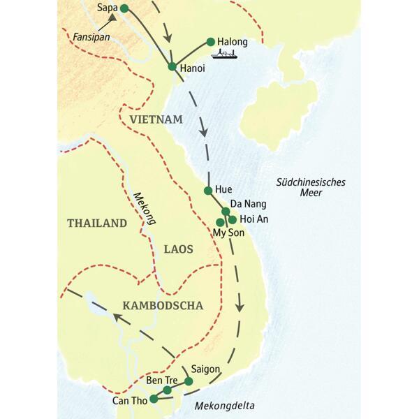 Wichtigste Stationen dieser 16-tägigen Studienreise durch Vietnam: Hanoi, Halongbucht, das Bergland um Sapa, Hue, Hoi An, Saigon und das Mekongdelta.
