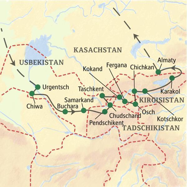 Die Karte zeigt den Verlauf unserer 19-tägigen Klassik-Studienreise durch Zentralasien: Urgentsch, Chiwa, Buchara, Samarkand, Pendschikent, Chudschand, Taschkent, Kokand, Fergana, Osch, Chichkan, Kotschkor, Almaty, Bischkek.
