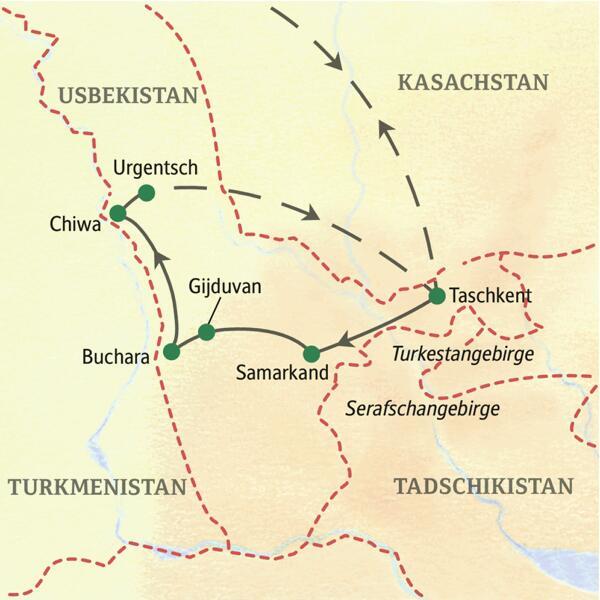 Verlauf der elftägigen Studienreise Usbekistan - Höhepunkte: Taschkent, Samarkand, Buchara, Chiwa, Taschkent.