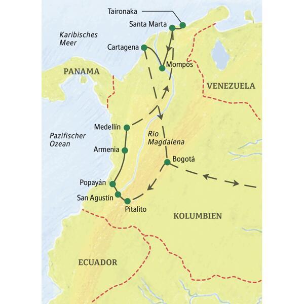 Die Route unserer Studienreise durch Kolumbien beginnt in Bogotá, führt über Pitalito, San Augustín, Popayán, Armenia, Medellín, Santa Maria, Mompós nach Cartagena.