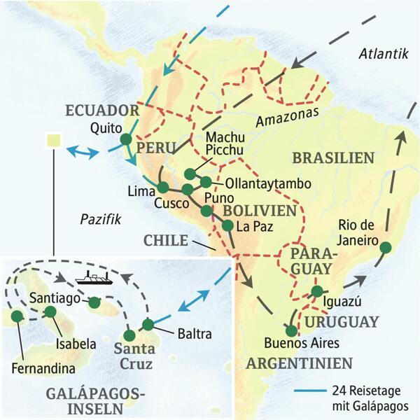 Unsere Reiseroute auf dieser Studienreise durch Südamerika startet in Lima, führt über  Ollantaytambo, Cusco, Puno, Buenos Aires und Iguazú bis nach Rio de Janeiro. Und wer mag, besucht zuvor die Galápagos-Inseln.
