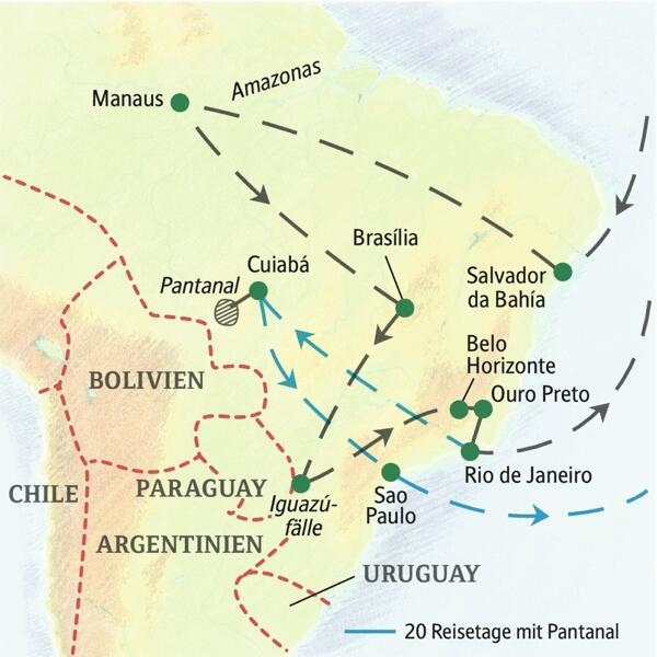 Die Reiseroute unserer Brasilien-Studienreise durch das Wunderland am Zuckerhut startet in Salvador da Bahía und führt über Manaus und den Amazonas, Brasília, die Iguazú-Fälle, Belo Horizonte und Ouro Preto bis nach Rio de Janeiro. Und wer möchte, verlängert im Pantanal.