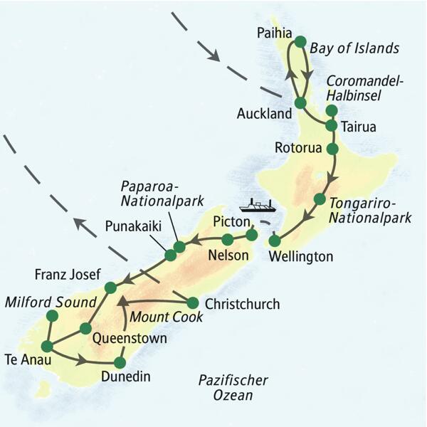 Unsere Reiseroute durch Neuseeland startet in Auckland und führt über Paihia, Rotorua, Wellington und Nelson bis nach Christchurch. Wir erleben auf unserer Studienreise den Tongariro-Nationalpark und die Coromandel-Halbinsel.