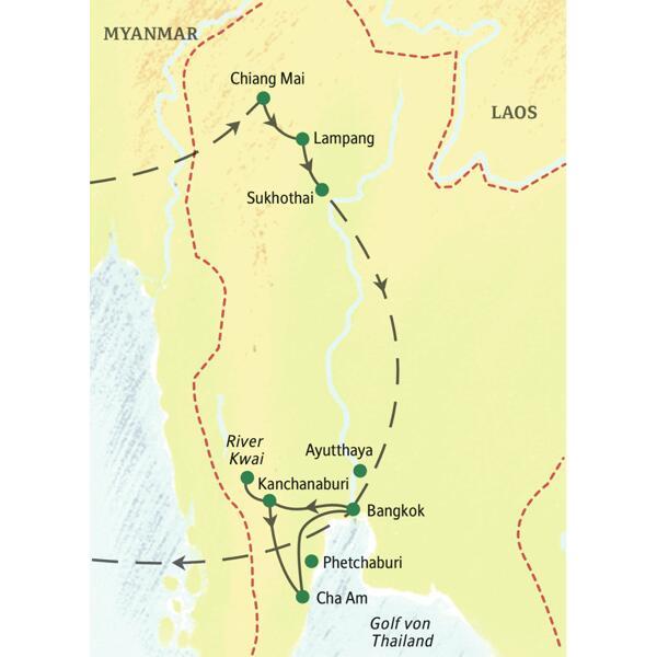 Wichtigste Stationen unserer Studienreise mit Muße nach Thailand: Chiang Mai, Bangkok, River Kwai, Sukhothai, Cha Am
