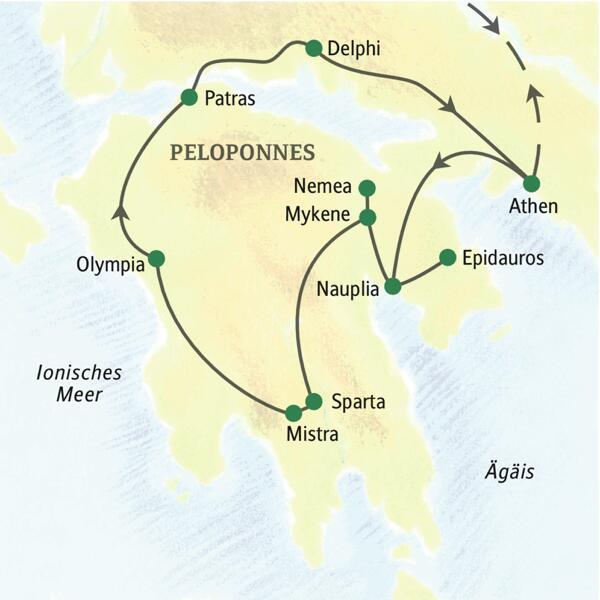 Unsere Reiseroute durch Griechenland startet in Athen und führt über Nauplia, Epidauros, Mykene, Sparta, Mistra, Olympia und Delphi zurück nach Athen.