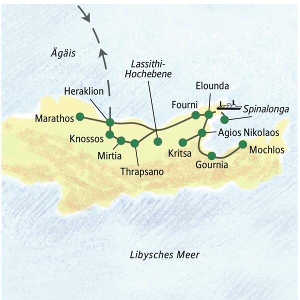 Von unserem erstklassigen Hotel in Elounda auf Kreta aus lernen wir bei dieser Rundreise Heraklion, Agios Nikolaos, Knossos und Gournia mit Muße kennen.