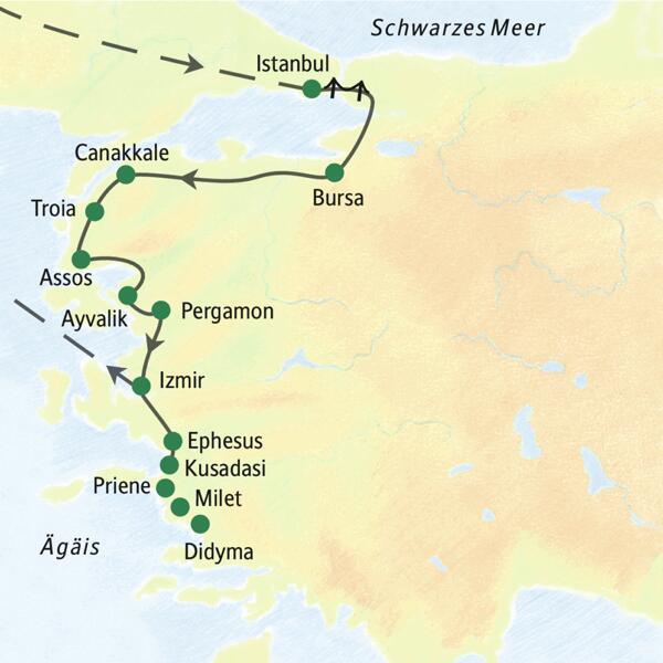 Die Landkarte zeigt die Reiseroute durch die Westtürkei: von Istanbul über Bursa an der Ägäisküste entlang nach Troia, Pergamon und Ephesus.