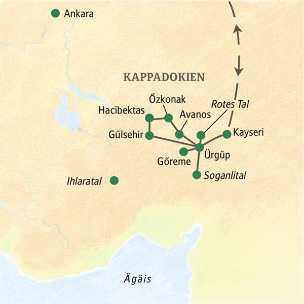 Die Karte zeigt die Höhepunkte Kappadokiens, die wir während unserer achttägigen Studienreise ins Märchenland der Feenkamine von unserem zentral gelegenen Hotel in Ürgüp aus besuchen: u. a. Hacibektas, Özkonak, Gülsehir, Göreme, Avanos.