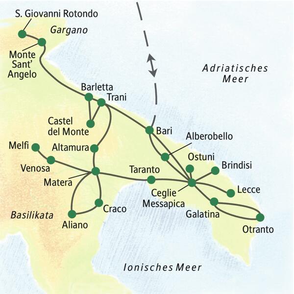 Auf der Karte der klassischen Studiosus-Reise Apulien – Basilikata ausführlich erleben ist der Reiseverlauf zu erkennen. Die wichtigsten Orte dieser Gruppenreise sind: Bari, Ostuni, Lecce, Otranto, Taranto, Matera, Melfi, Trani und Monte Sant'Angelo