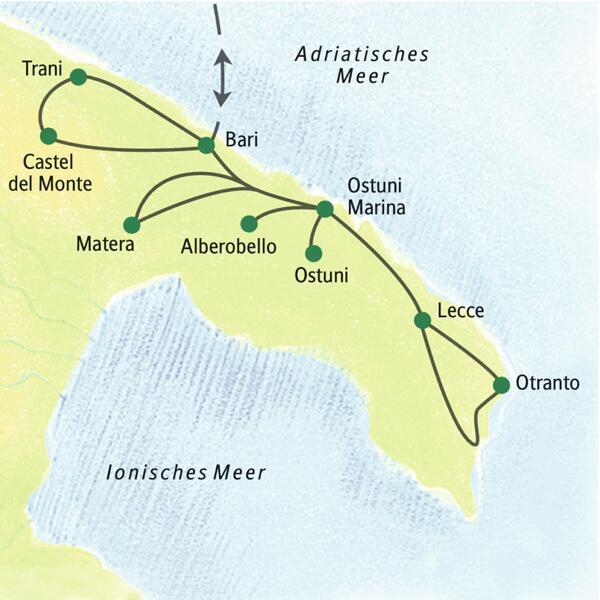 Stationen der Reise nach Apulien sind Bari, Ostuni, Lecce, Otranto, Alberobello, Matera, Trani sowie das Castel del Monte.