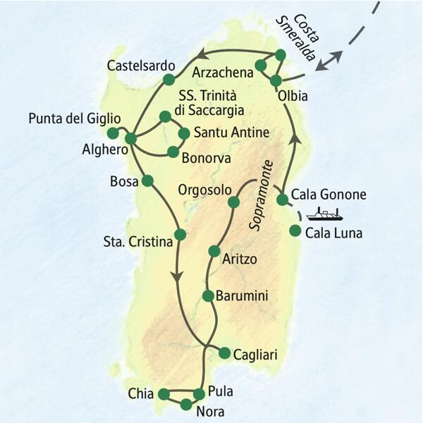 Die wichtigsten Stationen unserer Wander-Studienreise nach Sardinien: Arzachena, Castelsardo, Alghero, Cagliari, Pula und Cala Gonone.