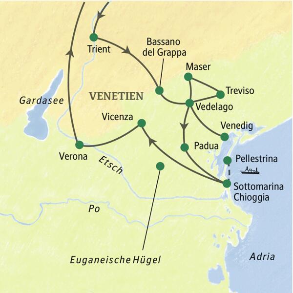 Auf unserer Rundreise durch Venetien machen wir Station in Vedelago, Sottomarina und Verona. Erleben Sie eine Bootsfahrt durch die Lagune und die Städte Venedig, Padua und Vicenza.