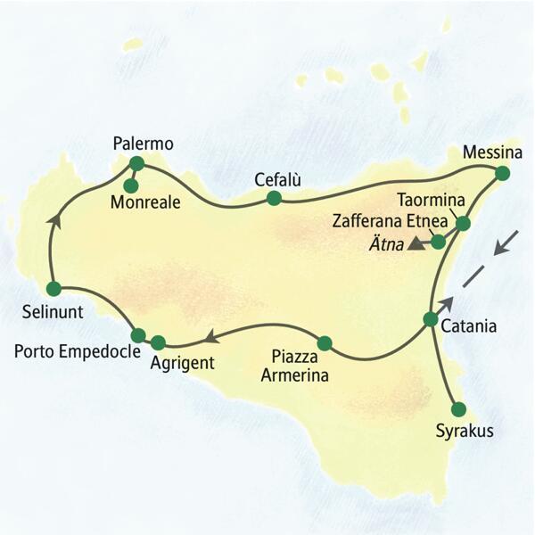 Stationen dieser Studiosus-Reise nach Sizilien sind die Villa Casale, Catania, Syrakus, Agrigent, Selinunt, Palermo, Monreale, Cefalù, Taormina und der Ätna.