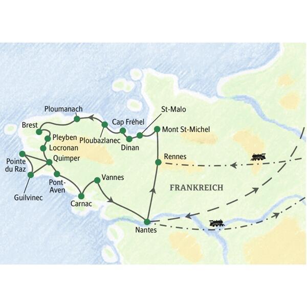 Unsere Reiseroute durch die Bretagne startet in Rennes und führt über St-Malo, Ploumanach, Pointe du Raz und Carnac nach Nantes.