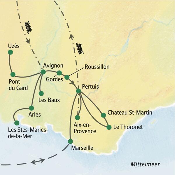 Wir wohnen in Avignon, wo unsere Studienreise beginnt, und Pertuis und besuchen auf Tagesausflügen mit Studiosus-Reiseleitung die bedeutenden Kunststädte und schönsten Landschaften der Provence, wie Les Baux, Aix-en-Provence, Arles und Uzès.