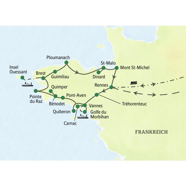 Unsere Wanderreise führt uns in die schönsten Landschaften der Bretagne. Stationen unterwegs sind unter anderem Vannes, Carnac, Pont-Aven, Quiberon, die Pointe du Raz, die Insel Ouessant, St-Malo und der Mont St-Michel. Wahlweise können Sie mit der Bahn oder per Flugzeug anreisen.