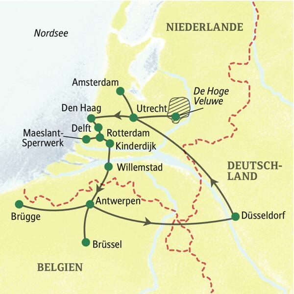 Auf dieser Studienreise entdecken Sie in zehn Tagen die Höhepunkte der Niederlande und Belgiens, darunter die Metropolen Amsterdam und Brüssel sowie die Kunststädte Delft, Brügge und Antwerpen. Dazu Architektur-Highlights in Rotterdam, ein Ausflug ans Meer sowie zu den Windmühlen von Kinderdijk.