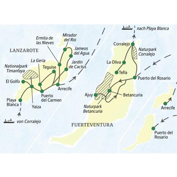 Auf dieser Studiosus-Reise erleben Sie die Natur der beiden kanarischen Inseln Fuerteventura und Lanzarote in all ihren Facetten, u.a. mit dem Naturpark Corralejo und dem Nationalpark Timanfaya.