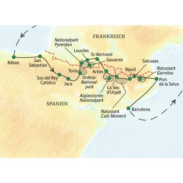Die Reiseroute unserer Wanderreise durch die Pyrenäen beginnt in Bilbao und führt über Sos del Rey Católico und Torla nach Lourdes in Frankreich und wieder zurück nach Spanien über Artiés, La Seu d' Urgell und Setcases nach Port de la Selva am Mittelmeer.