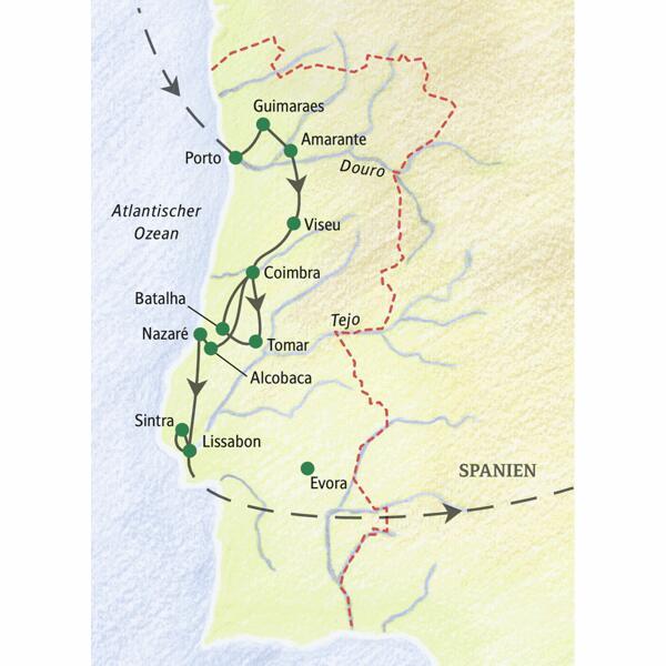 Die Karte zeigt den Verlauf der Studienreise Portugal - Höhepunkte: Porto, Guimaraes, Amarante, Viseu, Coimbra, Tomar, Alcobaca, Batalha, Nazaré, Lissabon, Sintra.