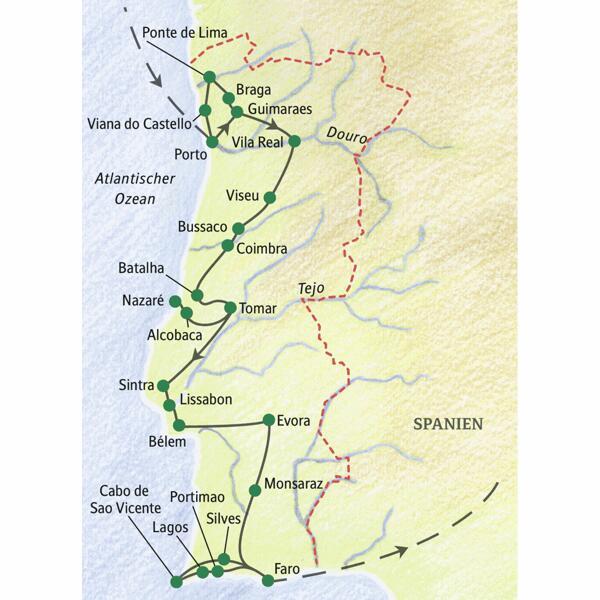 Die Karte zeigt den Verlauf unserer Studienreise mit Muße durch Portugal: Porto, Braga, Viana do Castelo, Ponte de Lima, Guimaraes, Vila Real, Viseu, Bussaco, Coimbra, Batalha, Tomar, Alcobaca, Nazaré, Sintra, Lissabon, Belém, Evora, Monsaraz, Lagos, Cabo de Sao Vicente, Faro.