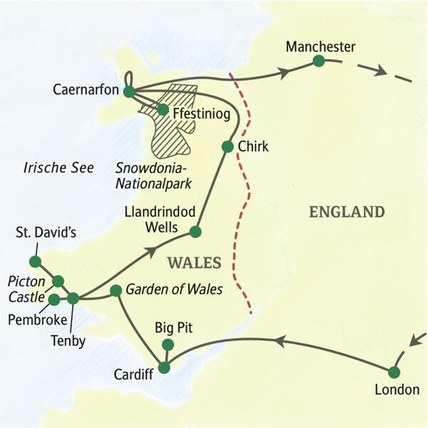Die Karte zeigt den Verlauf unserer Studienreise nach Wales: Cardiff, Big Pit, Tenby, Pembroke, St David's, Llandrindod Wells, Chirk, Caernarfon und Manchester.
