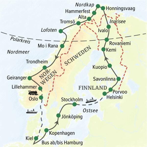 Was für eine fantastische Studienreise: In 22 Tagen im Komfortbus durch Dänemark, Schweden, Finnland und Norwegen zum Nordkap; vier faszinierende nordische Hauptstädte: Kopenhagen, Stockholm, Helsinki, Oslo. Und mit der komfortablen Fähre zurück aus dem Herzen Skandinaviens.