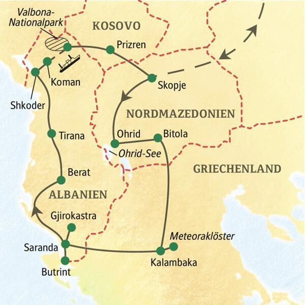 Unsere Rundreise durch Albanien und Nordmazedonien beginnt in Skopje, führt u.a. über Ohrid, die Meteoraklöster, Butrint, Berat, Tirana und in das Valbona-Tal.