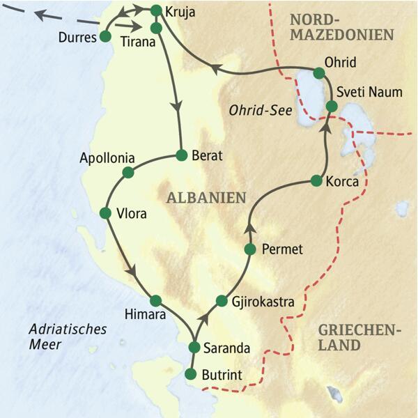 Die Reiseroute unserer zehntägigen Studienreise durch Albanien führt ab/bis Tirana durch das gesamte Land mit einem Abstecher nach Nordmazedonien.