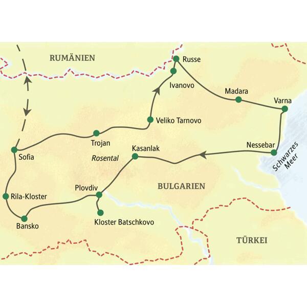 Die Karte zeigt den Verlauf unserer Studienreise durch Bulgarien von der Hauptstadt Sofia durch das Balkangebirge bis zum Schwarzen Meer über Trojan, Veliko Tarnovo, Ivanovo, Russe, Madara, Varna, Nessebar, Kasanlak, Plovdiv, Kloster Batschkovo, Bansko und das Rila-Kloster.