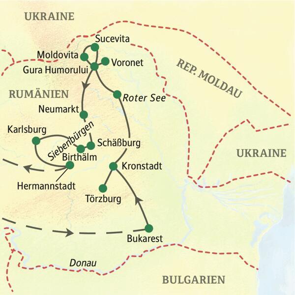 Unsere Reiseroute der Studienreise durch Rumänien startet in Bukarest und führt über Törzburg, Kronstadt, Moldovita und Karlsburg nach Hermannstadt.