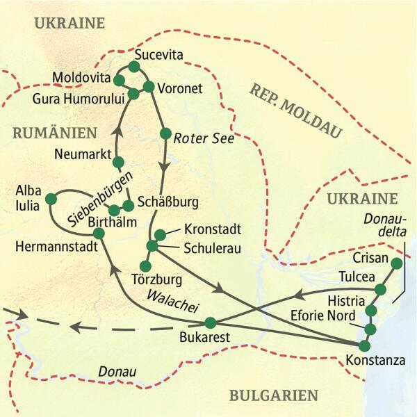 Unsere Studienreise nach Rumänien startet in Bukarest und führt über Hermannstadt, Schäßburg, Gura Humorului, Kronstadt, Eforie zurück nach Bukarest.